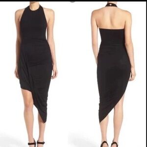 ASTR Ruched Side Halter Midi Black Asymmetrical Cocktail Dress Size Small EUC